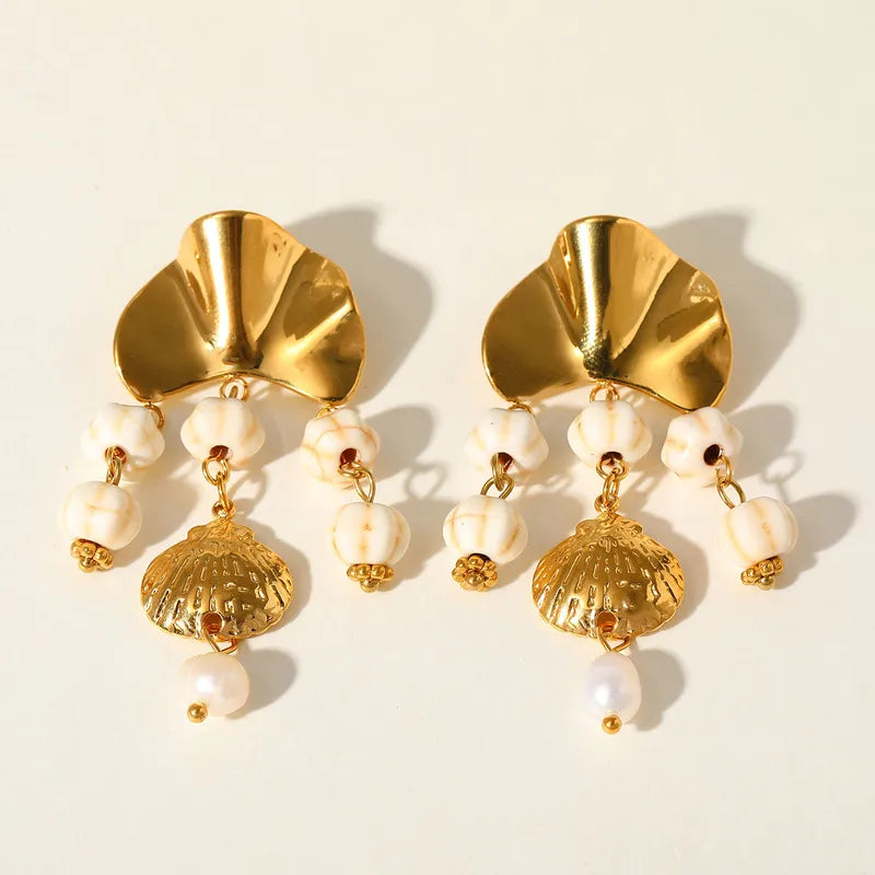 Golden Seashell Drops - 18k Gold Plated, Real Turquoise Shell Pearl